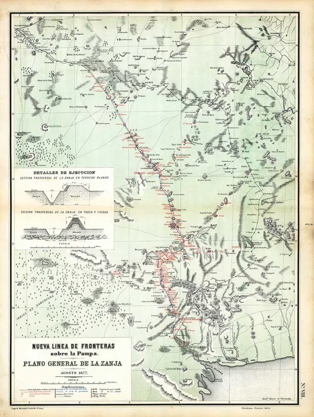 Plano de la nueva línea de frontera sobre la Pampa y Zanja de Alsina de 1877