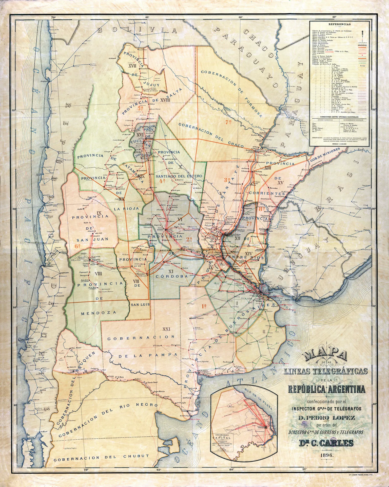 Mapa de las líneas telegráficas de la República Argentina de 1896