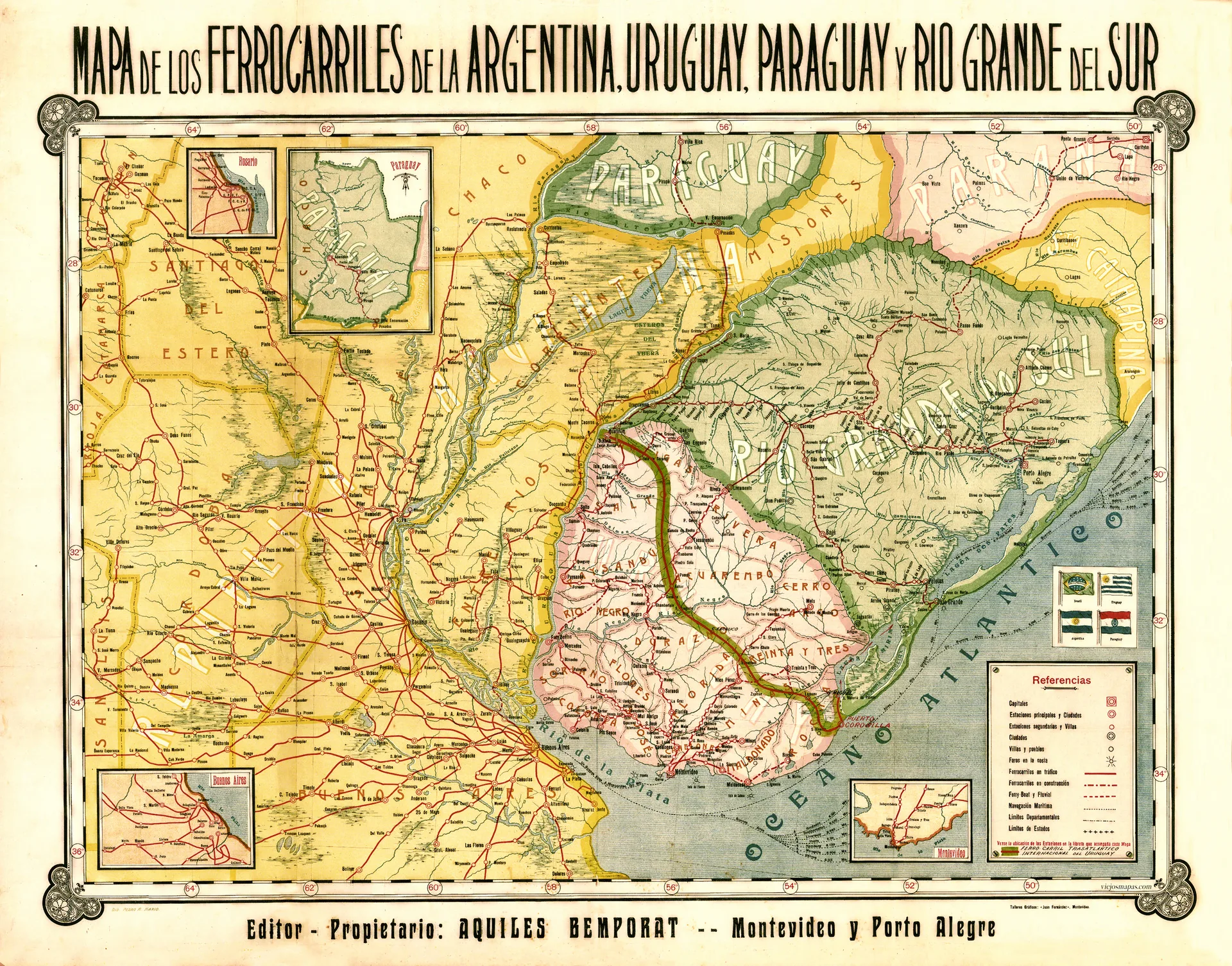 Mapa de los Ferrocarriles de la Argentina, Uruguay, Paraguay y Río Grande del Sur (Brasil) - 1910