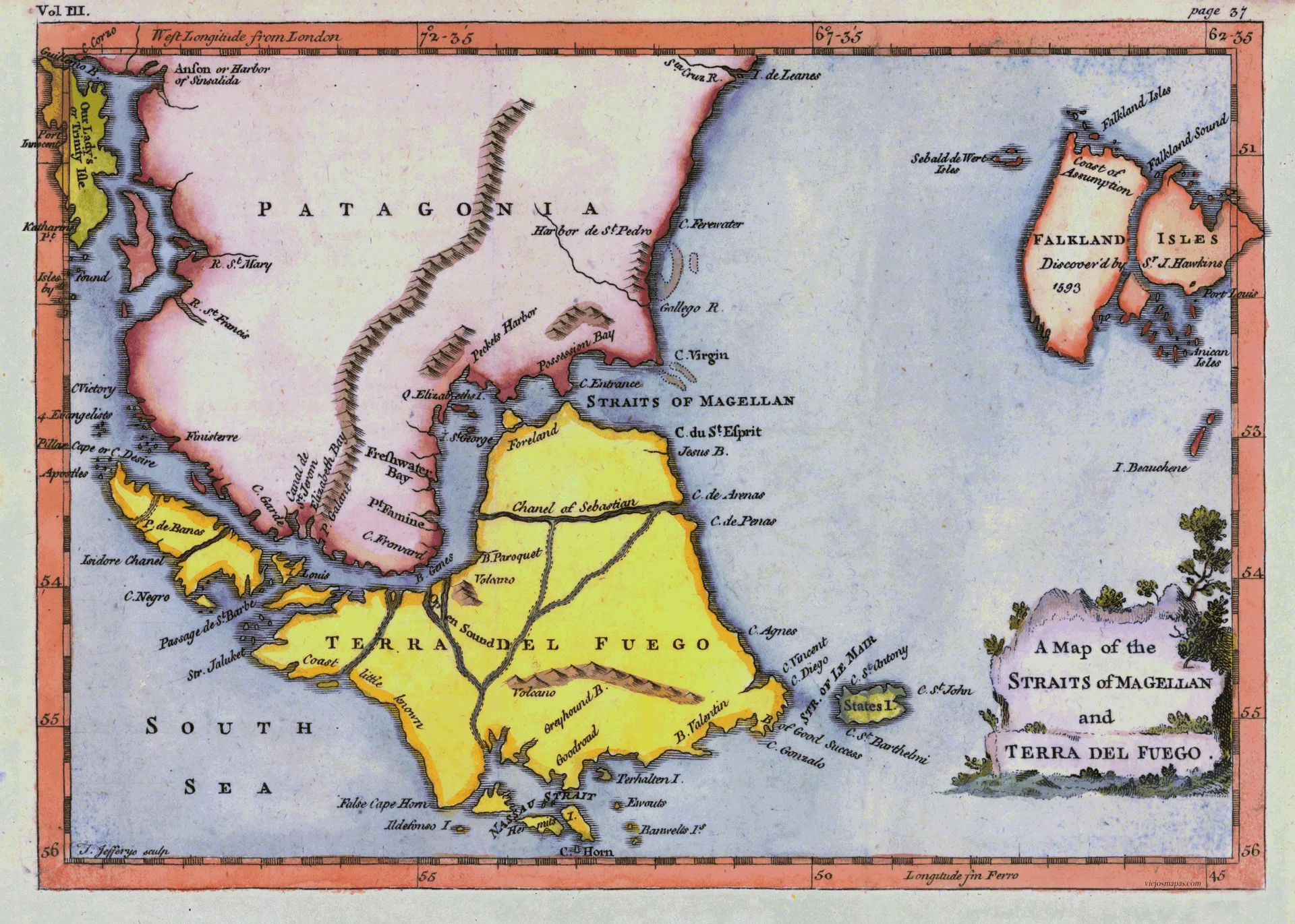 Mapa del Estrecho de Magallanes y la Isla de Tierra del Fuego - 1750 aprox.