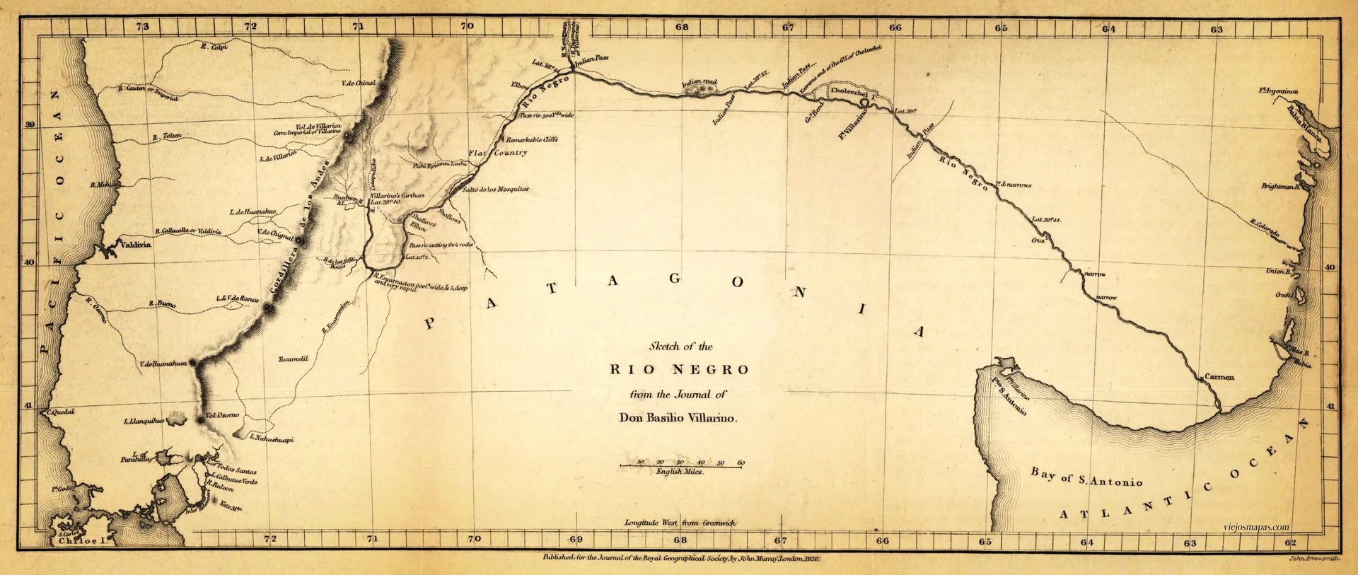 Plano del Río Negro del diario de Basilio Villarino, publicado en 1836