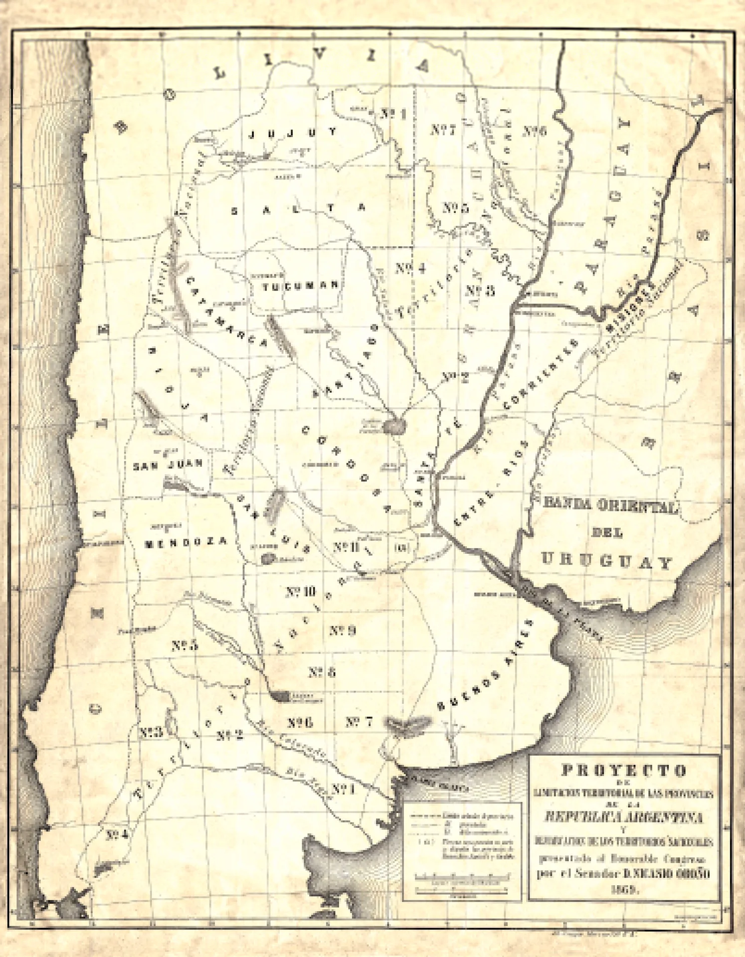 Mapa de la Argentina – 1869 – Proyecto de límites de territorios y provincias