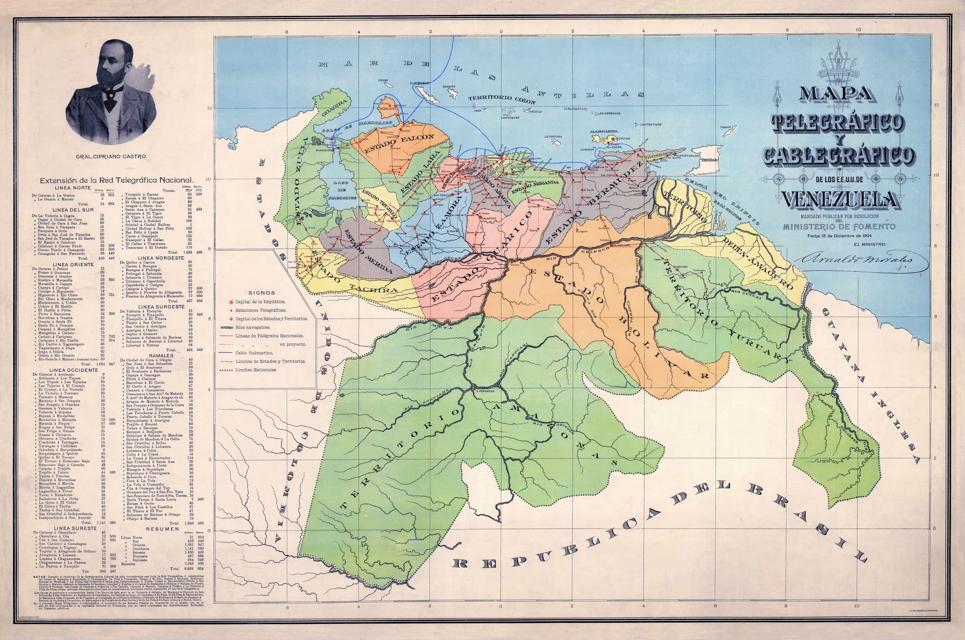 Mapa Telegráfico y Cablegráfico de los Estados Unidos de Venezuela - 1904