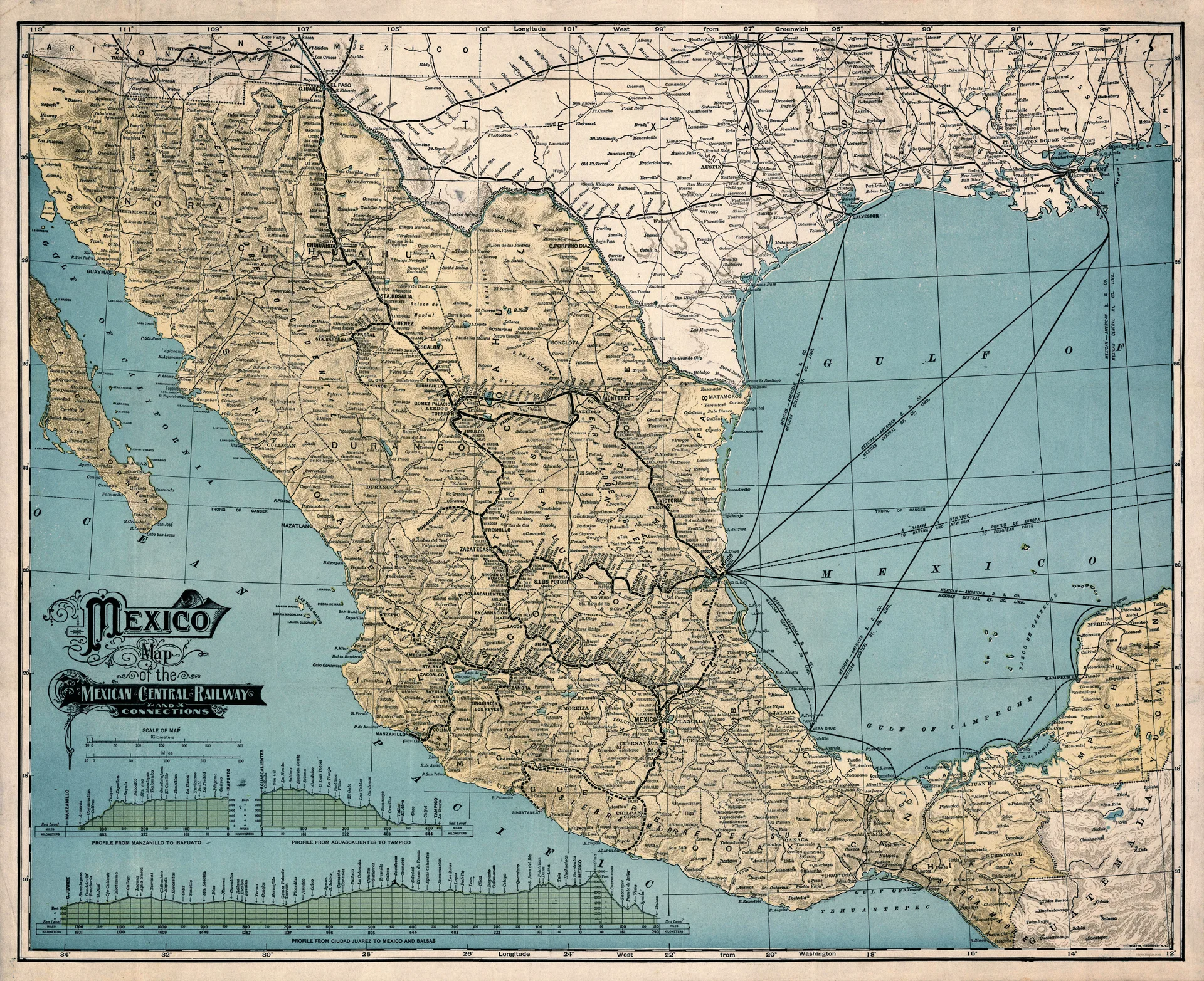 Mapa del Ferrocarril Central Mexicano y sus conexiones - 1930 aprox.