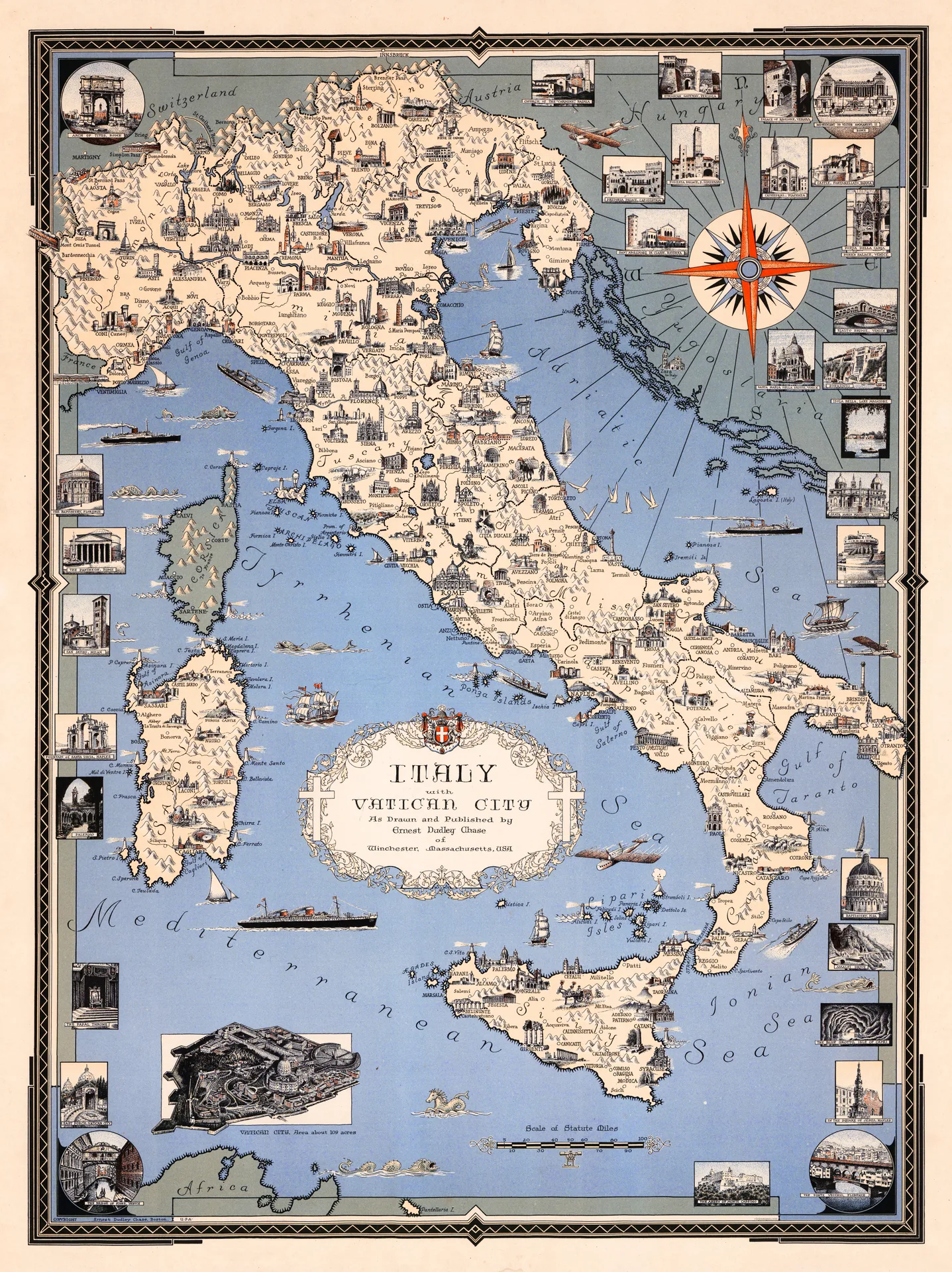 Mapa ilustrado de Italia, con la Ciudad del Vaticano - 1935