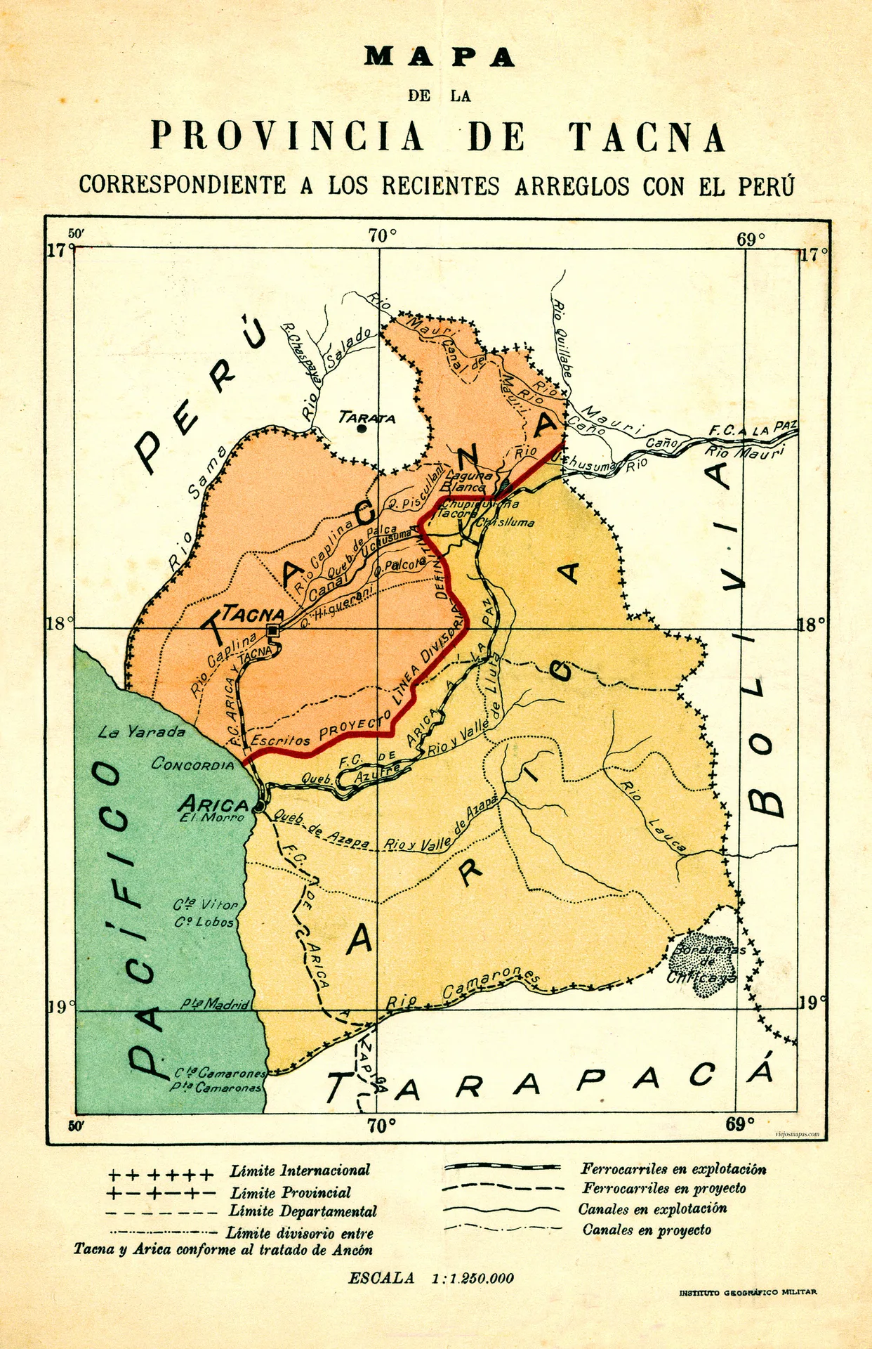 Mapa de la provincia de Tacna (litigio Chile - Perú) 1929