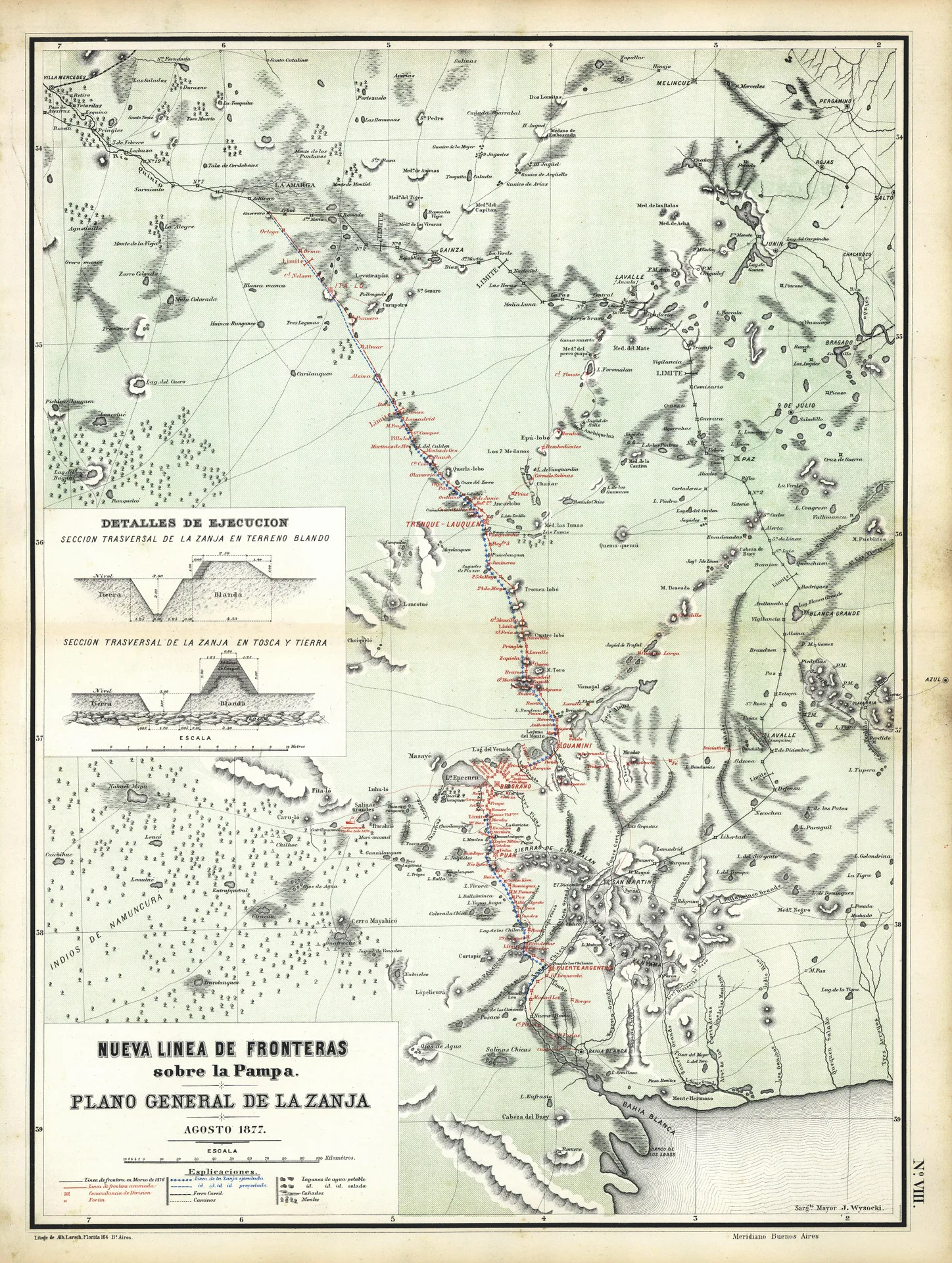 La zanja Alsina - 1877 - Plano General de la Nueva Línea de Frontera sobre La Pampa