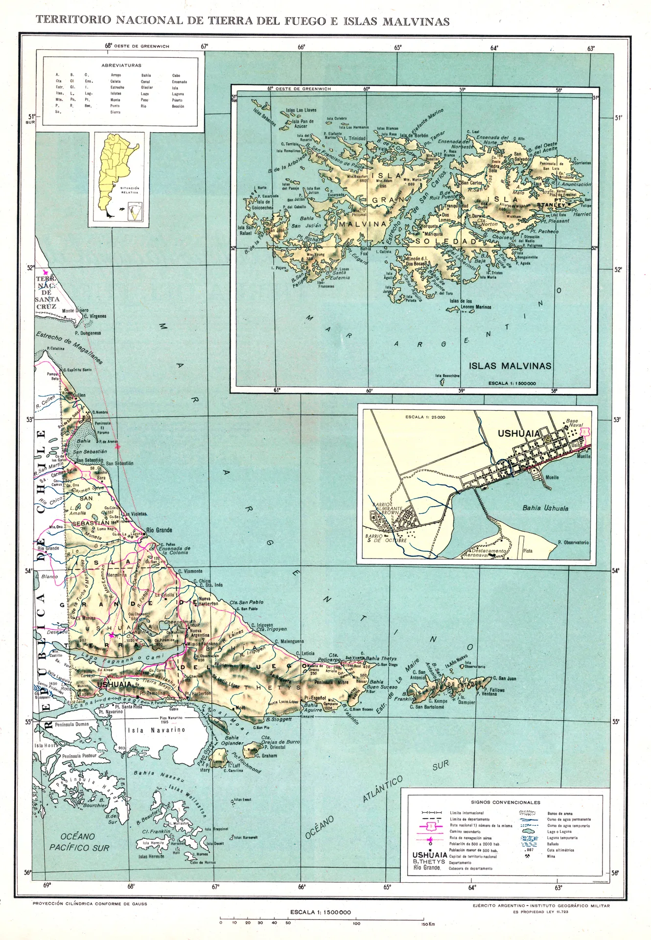 Mapa del Territorio Nacional de Tierra del Fuego e Islas Malvinas - 1954