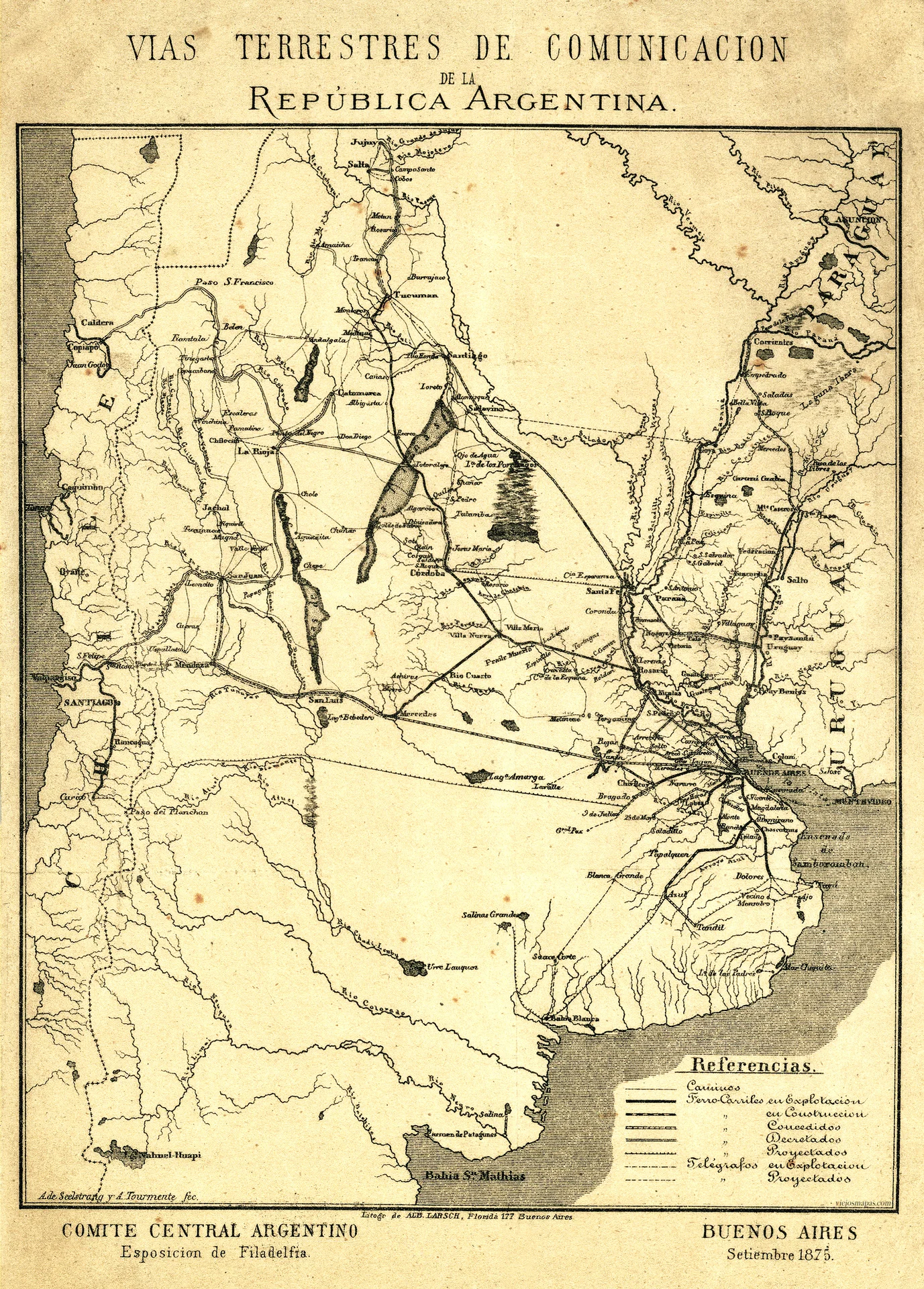 Mapa de la República Argentina - Exposición Universal de Filadelfia de 1876 - Vías de Comunicación
