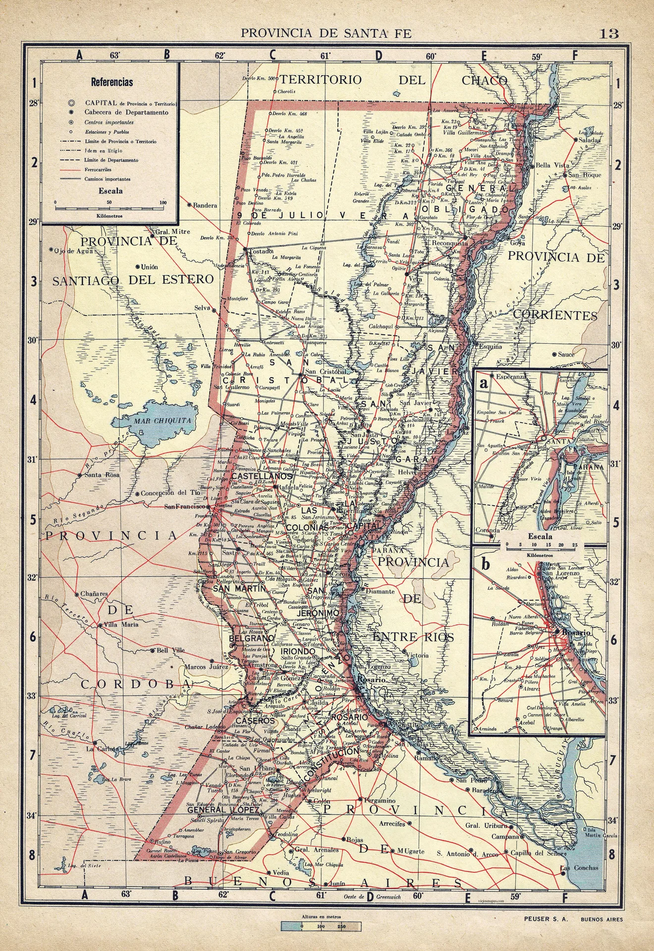 Mapa de la Provincia de Santa Fe – 1940 – Editorial Peuser