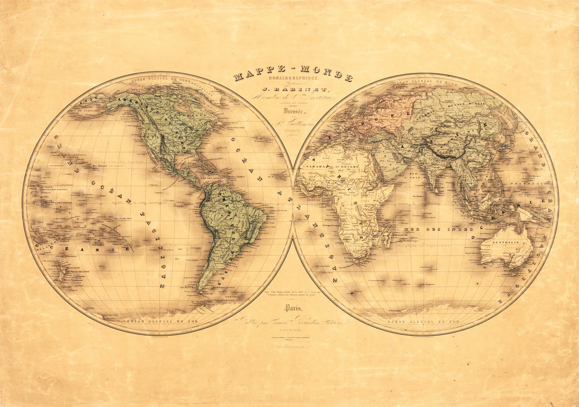 Mapa del mundo con proyección homalográfica - 1860 aprox.