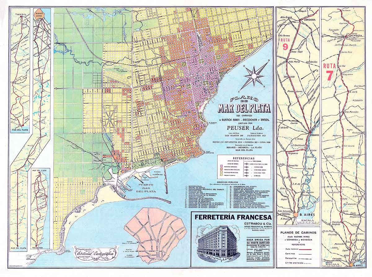 Plano de Mar del Plata: sus caminos a Buenos Aires, Necochea y Tandil. Editorial Peuser. 1930