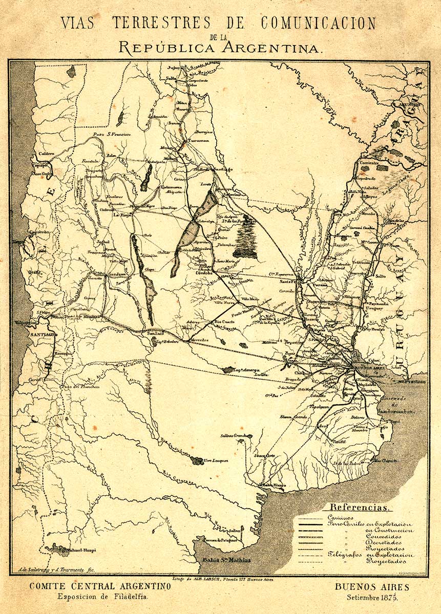 Mapa de la República Argentina - Exposición Universal de Filadelfia de 1876. Vías de comunicación.