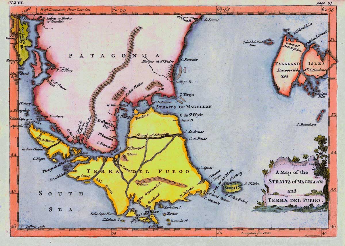 Mapa del Estrecho de Magallanes y la Isla de Tierra del Fuego - 1750 aprox.
