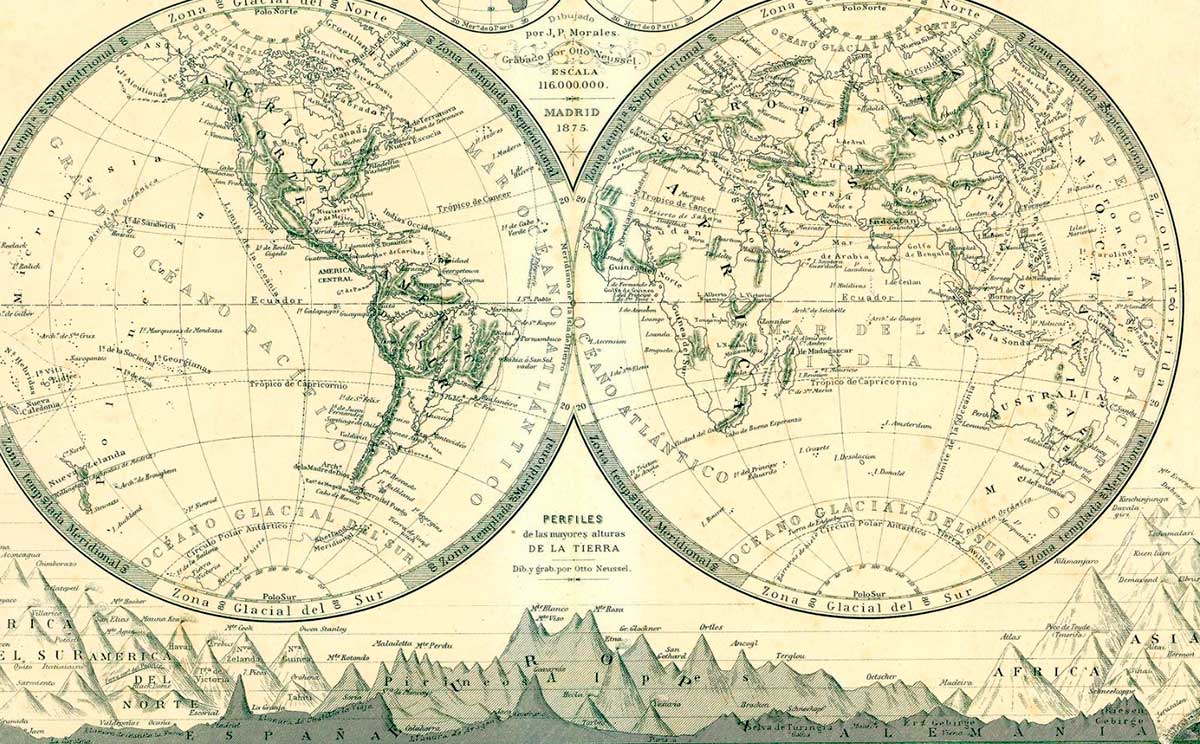 Mapamundi Astort de 1875, con las mayores alturas de la tierra