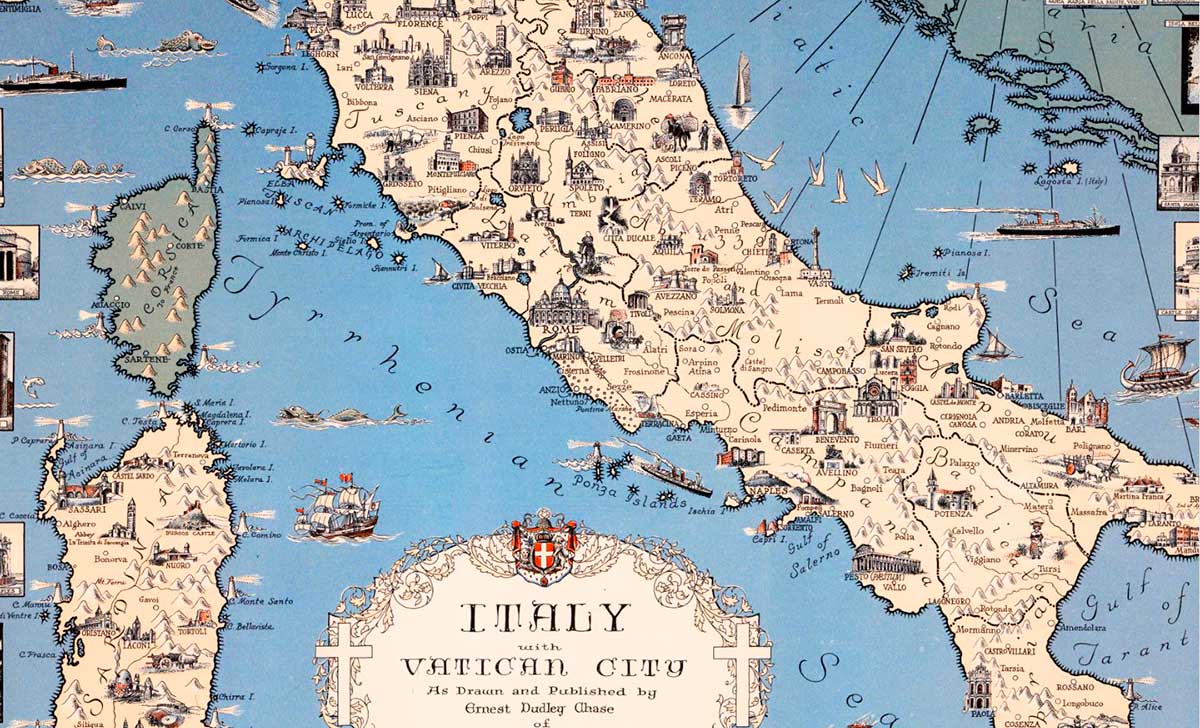 Mapa ilustrado de Italia, con la Ciudad del Vaticano - 1935