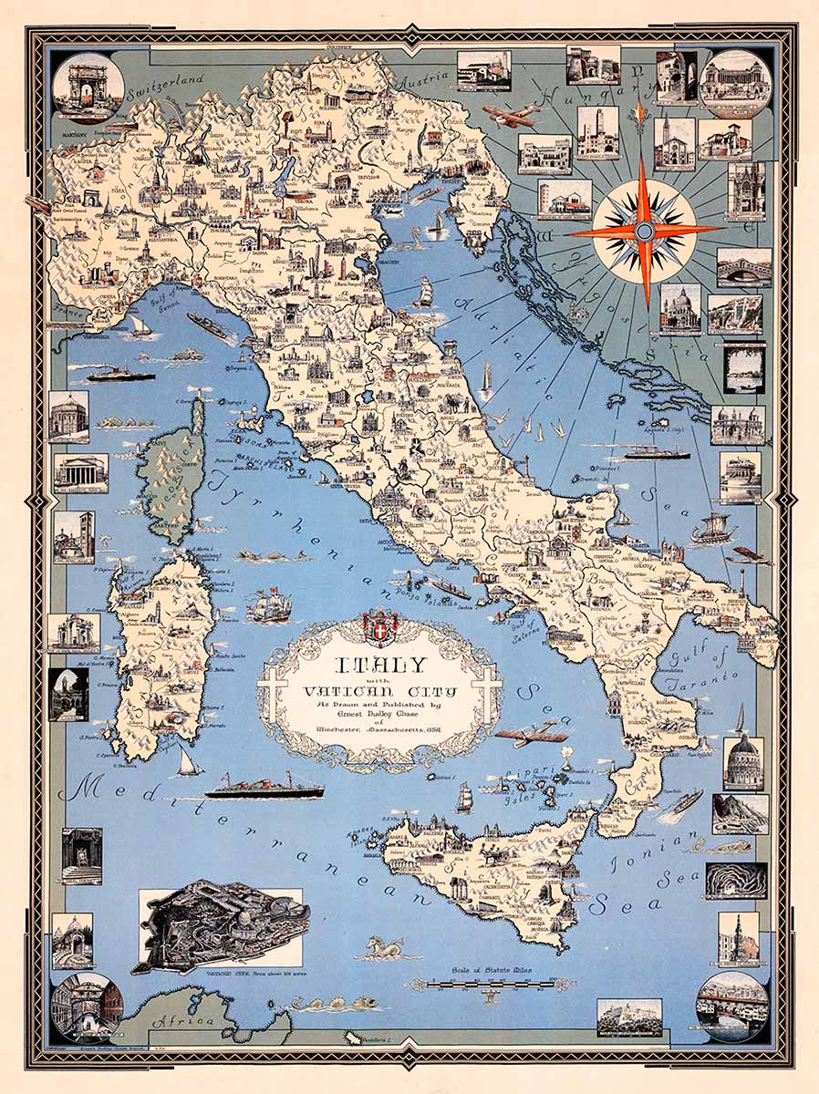 Mapa ilustrado de Italia, con la Ciudad del Vaticano - 1935