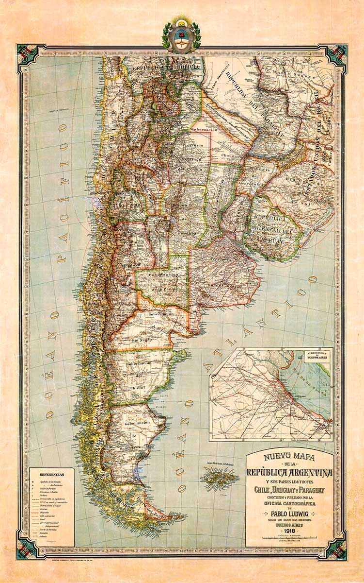Mapa de la República Argentina y sus países limítrofes, de 1918