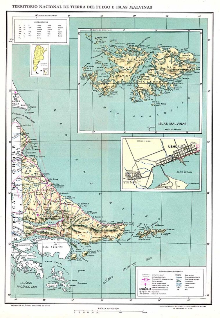 Mapa del Territorio Nacional de Tierra del Fuego e Islas Malvinas - 1954